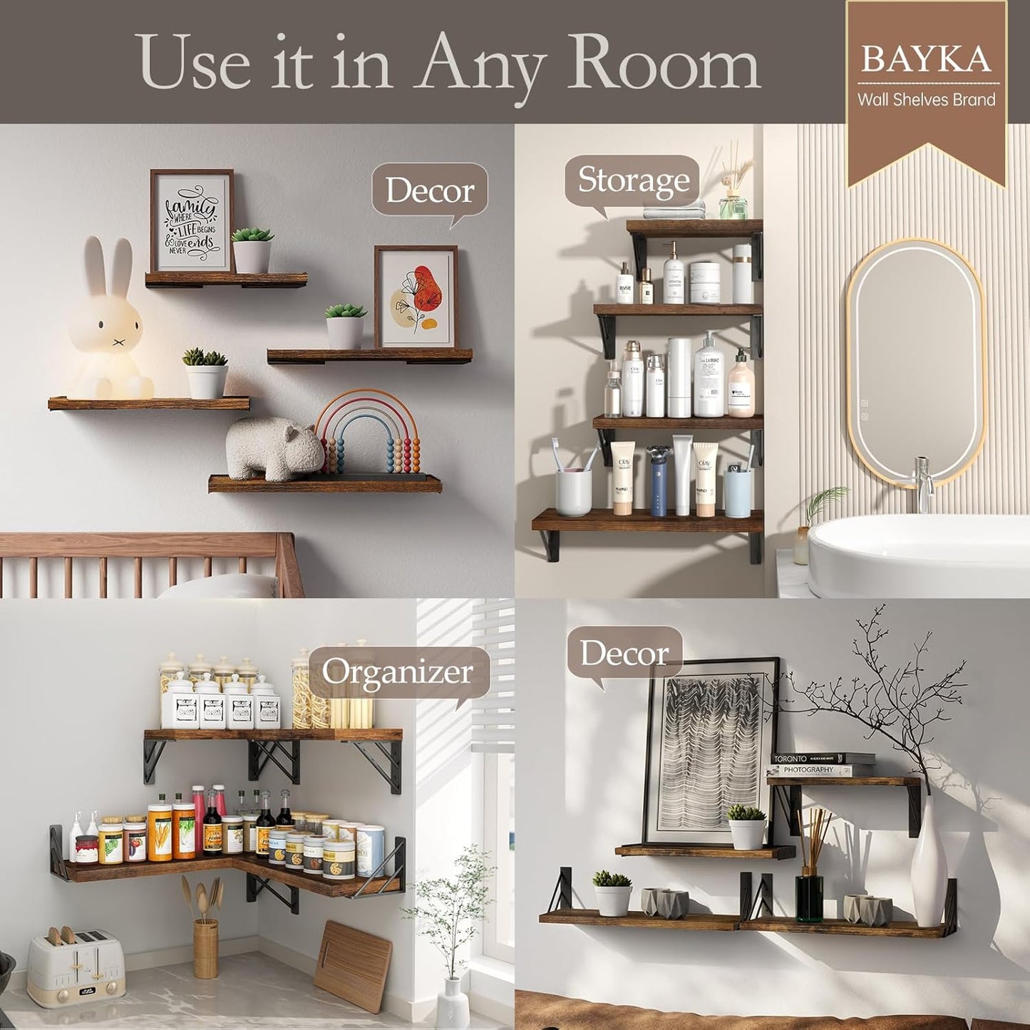 BAYKA Wall Mounted Floating Bathroom Shelves, Wood Wall Shelf for Bathroom Essentials & Decor, Space-Saving Display & Organizer (Black, Set of 4)