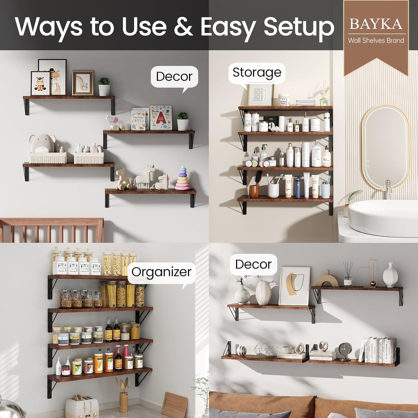 BAYKA Wall Mounted Floating Bathroom Shelves, Wood Wall Shelf for Bathroom Essentials & Decor, Space-Saving Display & Organizer (Black, Set of 4)