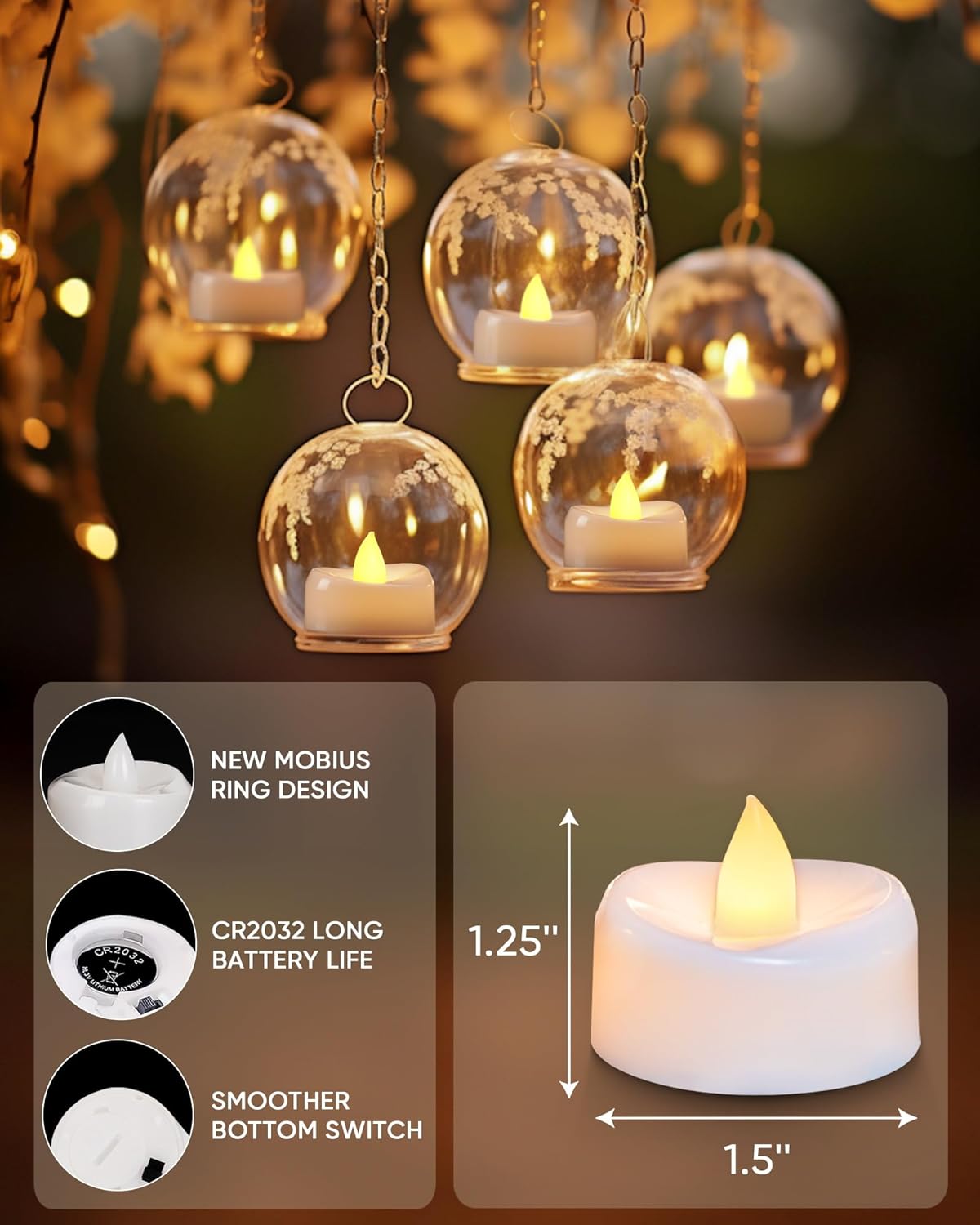 merrynights LED Candles, Tea Lights Candles Battery Operated Bulk, 50-Pack Long-Lasting 200 Hours Flameless Tealight Candles, Realistic Tea Lights for Christmas Halloween Wedding, 1.5'' D X 1.25'' H