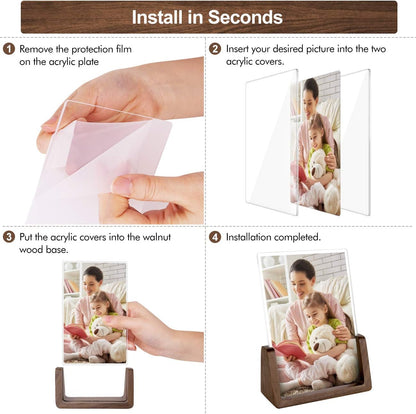 Mixoo 4x6 Picture Frame 2 Pack - Rustic Wooden Picture Frames with Walnut Wood Base and High Definition Break Free Acrylic Photo Covers for Desk Tabletop Display Graduation Gifts Teacher Appreciation Gifts (Horizontal + Vertical)