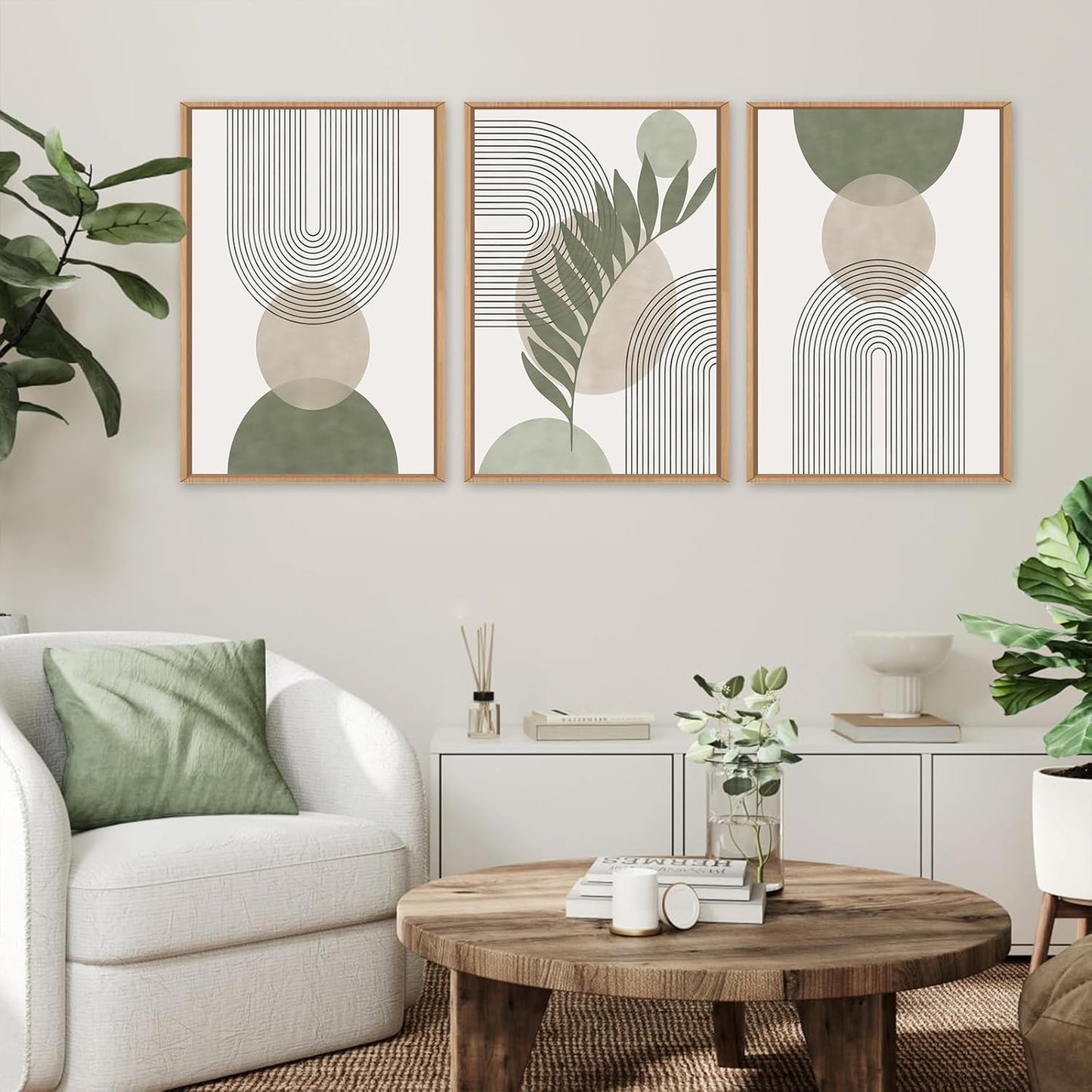 Sage Green Boho Wall Art Set of 3, Minimalist Framed Wall Art Geometric Line Leaf Sun Moon Beige Green Canvas Artwork Paintings, Abstract Botanical Boho Room Decor, Office, 12"x16"