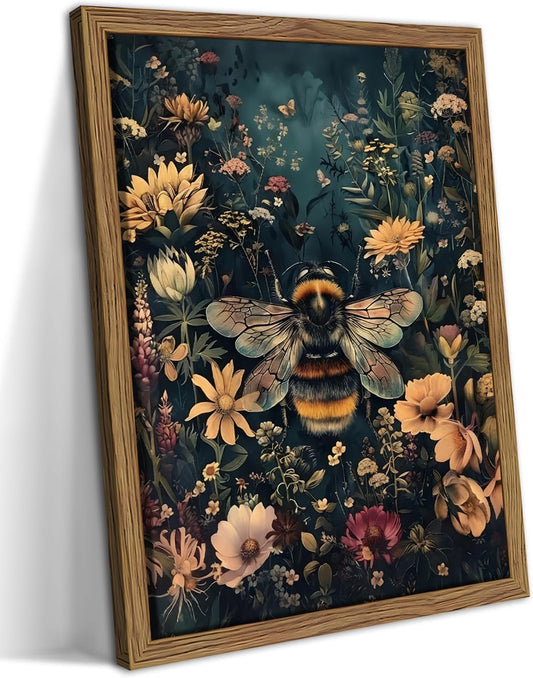 Framed Vintage Intergalactic Western Canvas Wall Art, Alien UFO Abducting Cowboy, Desert Cactus and Flowers Wall Decor, Retro Sci-Fi Poster for Living Room Bedroom – Dark Wooden Frame 12x16in