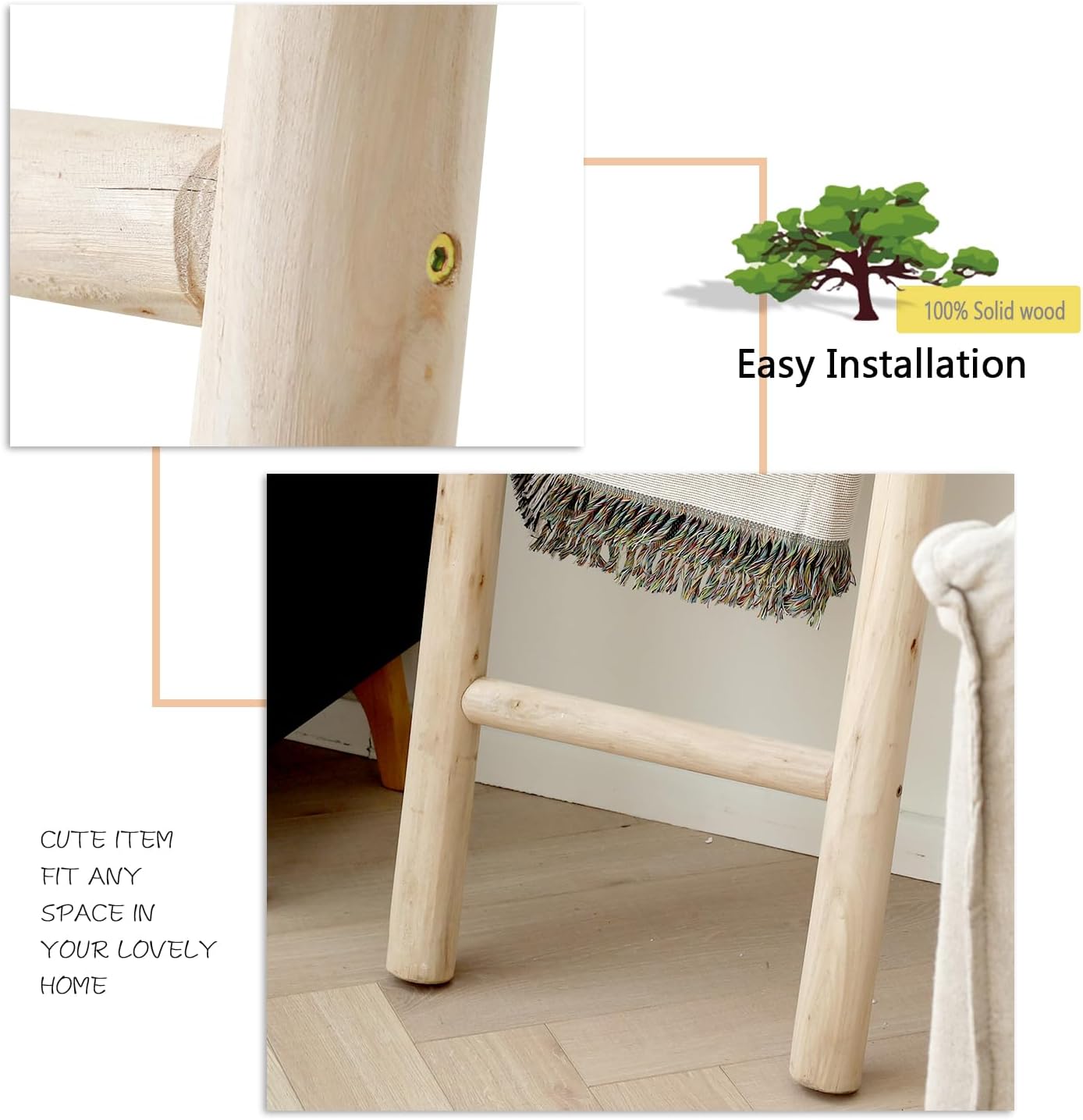 FUIN 57in Wood Blanket Ladder Living Room Decorative Wall Leaning Farmhouse Quilt Display Holder Rustic Wooden Towel Rack for Bathroom, Brown