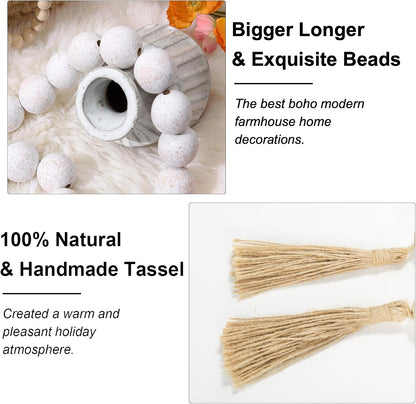 OMISHE Extra Large Wood Bead Garland with 1.6" Diameter Wooden Beads and Tassels, 41" Long Rustic Farmhouse Country Decorative Beads for Home Tiered Tray Decor, Natural Beige