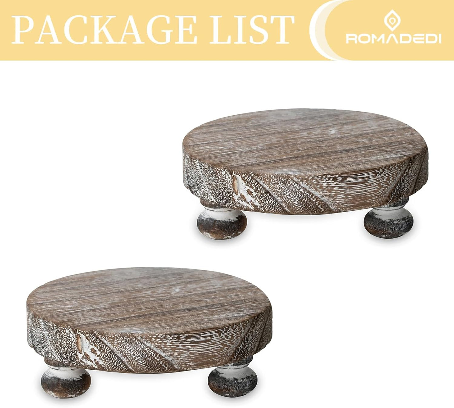 Romadedi Farmhouse Wood Riser for Display- 2 pcs Rustic Decor Mini Wooden Pedestal Decorative Round Tray for Home Table Bathroom Counter Shelf Kitchen, Brown