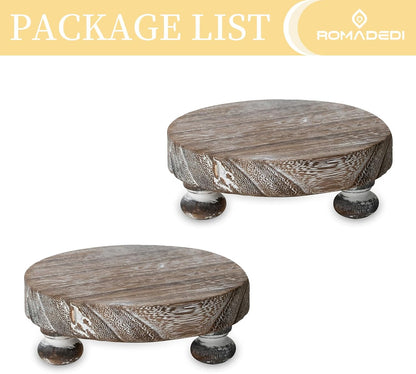 Romadedi Farmhouse Wood Riser for Display- 2 pcs Rustic Decor Mini Wooden Pedestal Decorative Round Tray for Home Table Bathroom Counter Shelf Kitchen, Brown