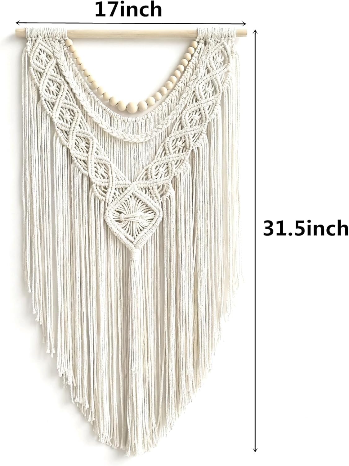 guzhiou Macrame Wall Hanging Boho Geometric Woven Tapestry Cotton Handmade Bohemian Art Decor with Wood Bead Wall Decor for Bedroom Living Room Apartment Nursery 31.5" L x 17" W (Wood bead-B)