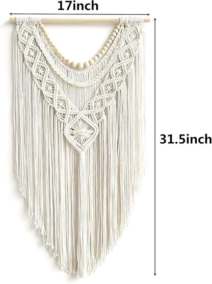 guzhiou Macrame Wall Hanging Boho Geometric Woven Tapestry Cotton Handmade Bohemian Art Decor with Wood Bead Wall Decor for Bedroom Living Room Apartment Nursery 31.5" L x 17" W (Wood bead-B)