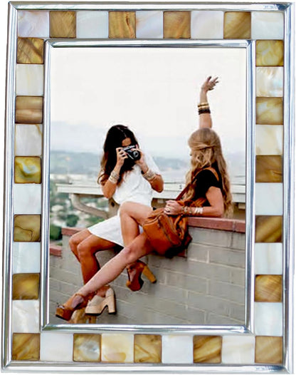 Silver Plate Picture Frame 5x7 Mother of Pearl 5 by 7 Photo Frame Mosaic Glass Tabletop Frame (Grey+ White,1pc)