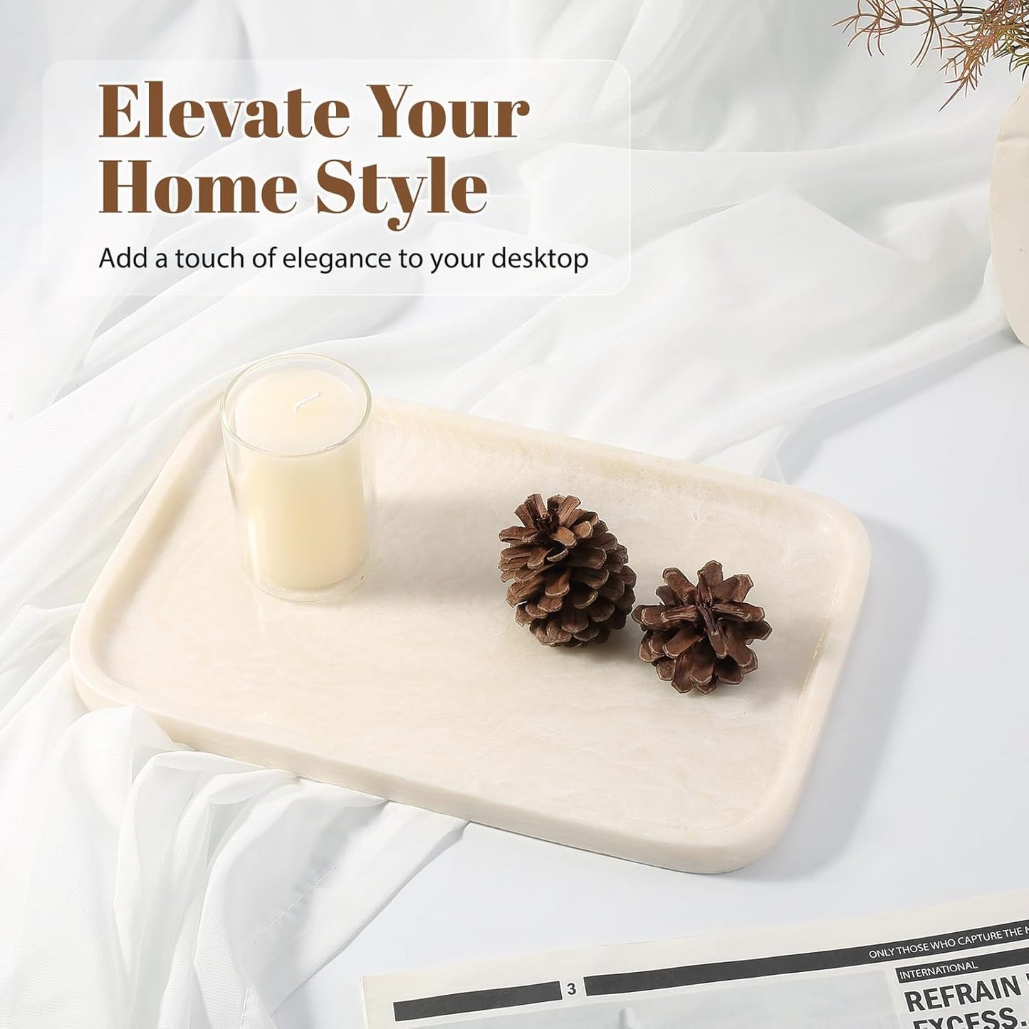 Koville Romano Travertine Tray, 12"x8" Natural Stone Vanity Tray for Countertop Bathroom Kitchen Dresser, Decorative Marble Catchall Trays for Perfume Jewelry, Rectangular Serving Tray(Beige)
