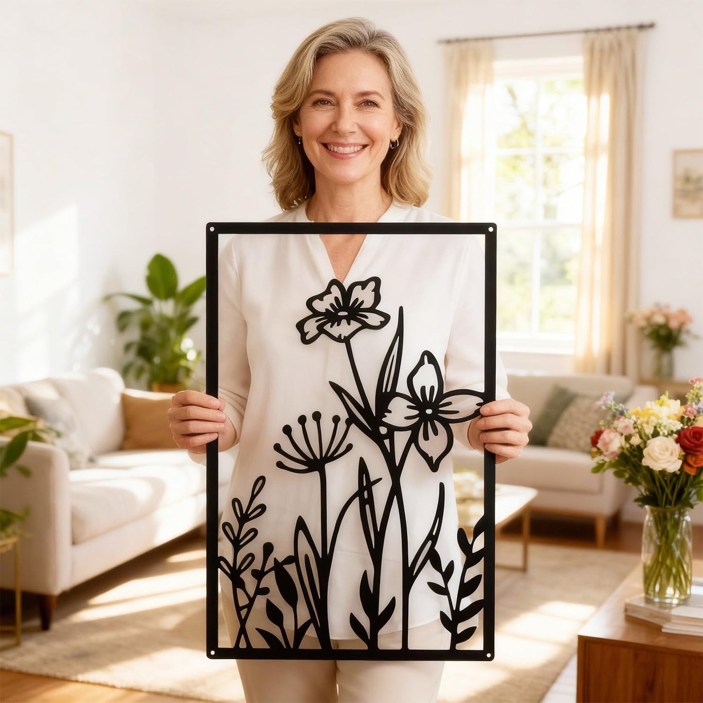 Sokurdeg Black Metal Flowers Wall Decor, Minimalist Floral Wall Hanging Art, Black Abstract Line Wall Art Sculptures for Bedroom Bathroom Living Room (4 Pcs, 12 x 17 in)