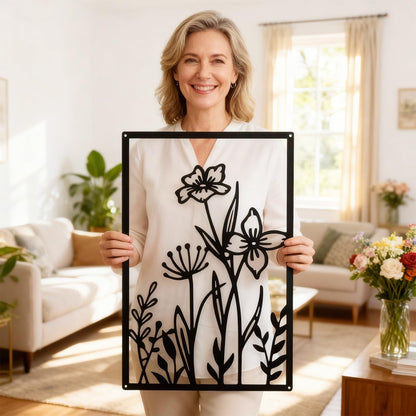 Sokurdeg Black Metal Flowers Wall Decor, Minimalist Floral Wall Hanging Art, Black Abstract Line Wall Art Sculptures for Bedroom Bathroom Living Room (4 Pcs, 12 x 17 in)