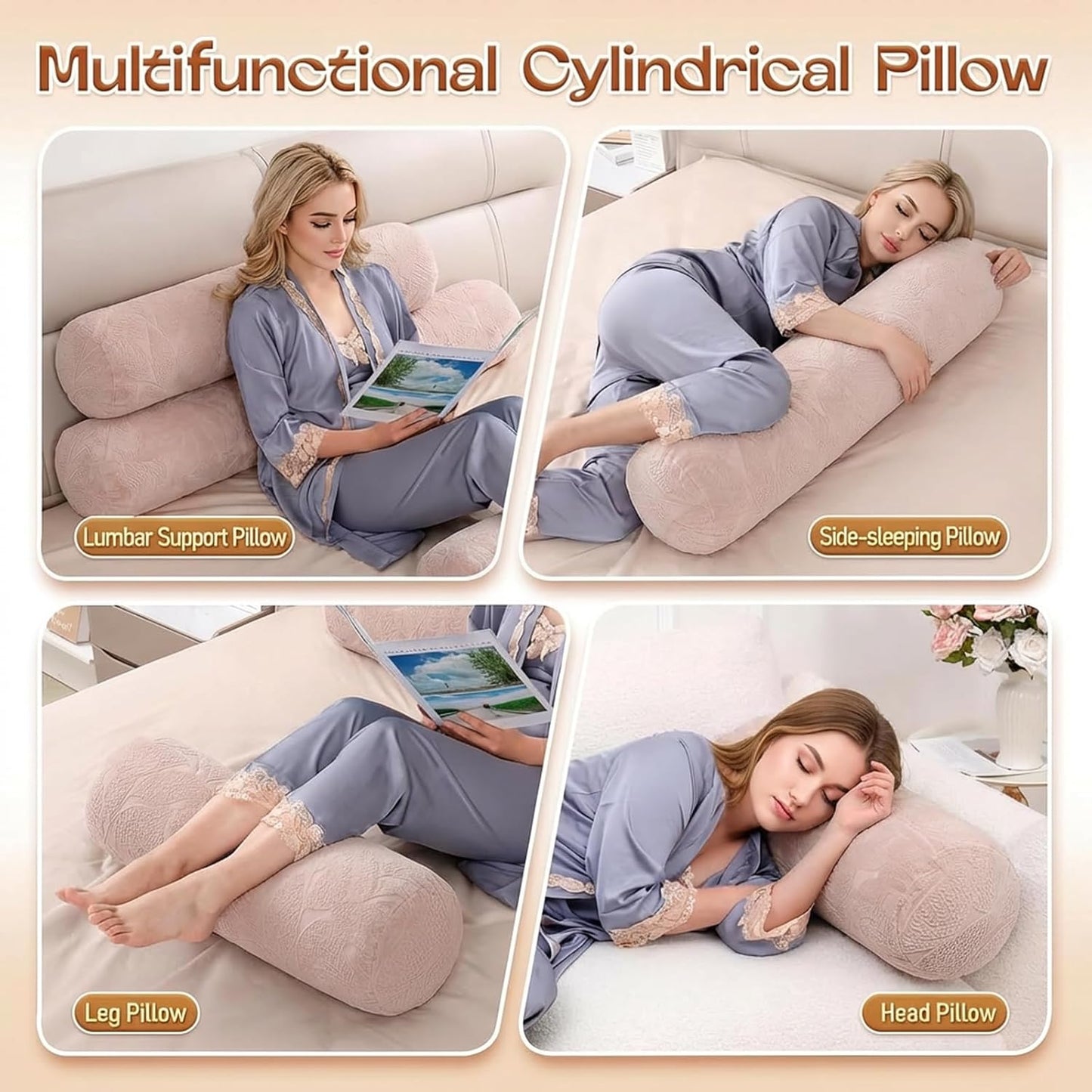 1 MIDDLE ONE Body Pillow for Adults, Bolster Pillow with Removable Velvet Cover, Long Round Cervical Roll Pillow, 47 x 7.87 Inches, Grey