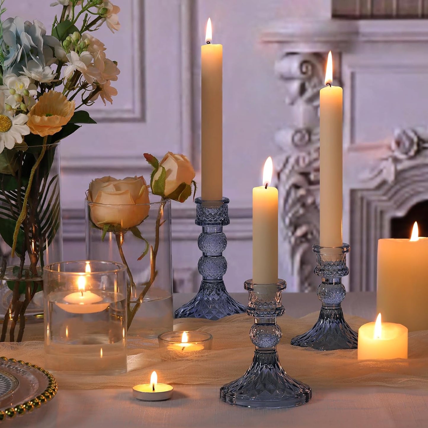 DARJEN 6Pcs Gold Candlestick Holders Set - 4" H & 5" H Striped Taper Candle Holders Bulk, Glass Candle Holders for Wedding, Festival, Party, Table Centerpiece, Gifts