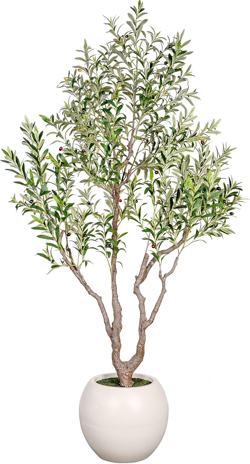 VIVATREES Olive Tree Artificial Indoor, 7FT Tall Faux Olive Tree with 16in Round White Planter, Artificial Plants with Natural Wood Trunk and Lifelike Fruits for Home Office Decor