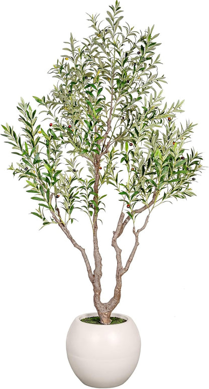 VIVATREES Olive Tree Artificial Indoor, 7FT Tall Faux Olive Tree with 16in Round White Planter, Artificial Plants with Natural Wood Trunk and Lifelike Fruits for Home Office Decor