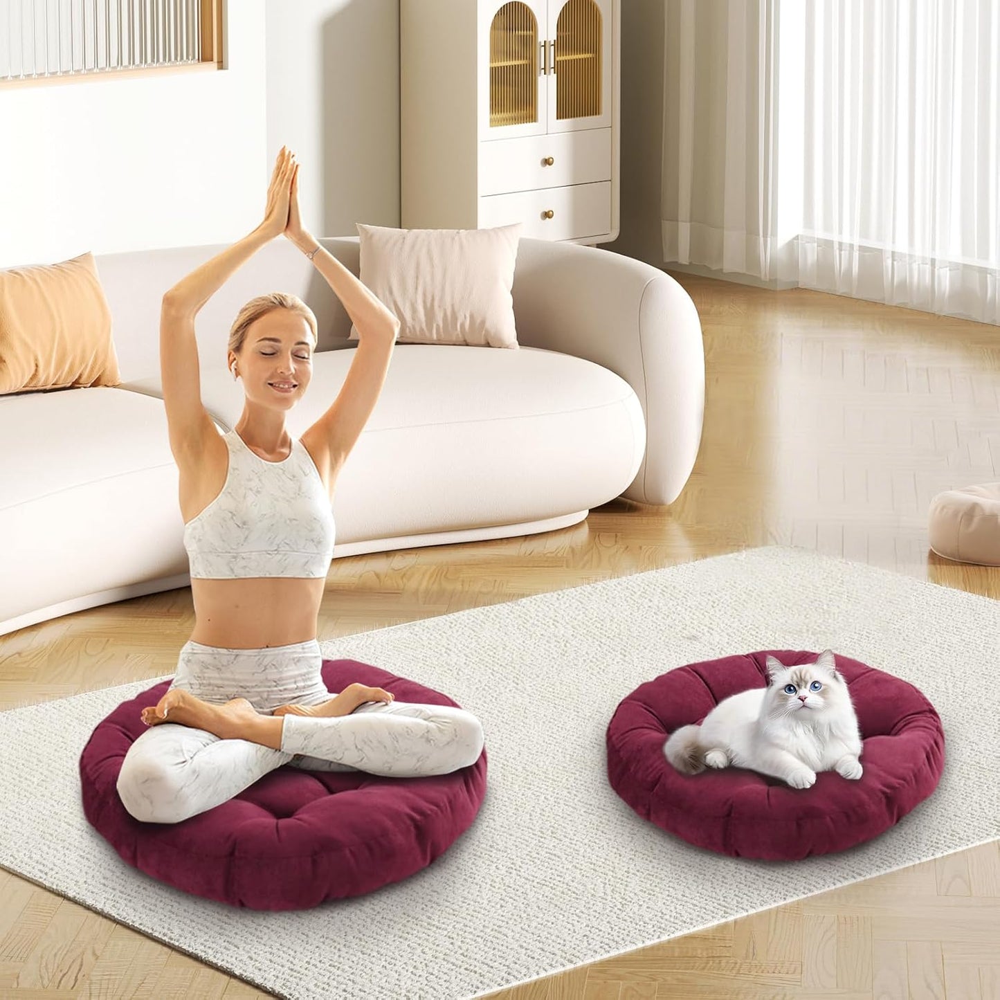 Meditation Floor Pillow Set of 2 Large Round Floor Cushions for Adults Tufted Corduroy Floor Seat Pillows Cushion for Living Room,Wine Red 16.5" Lx16.5 Wx3 H