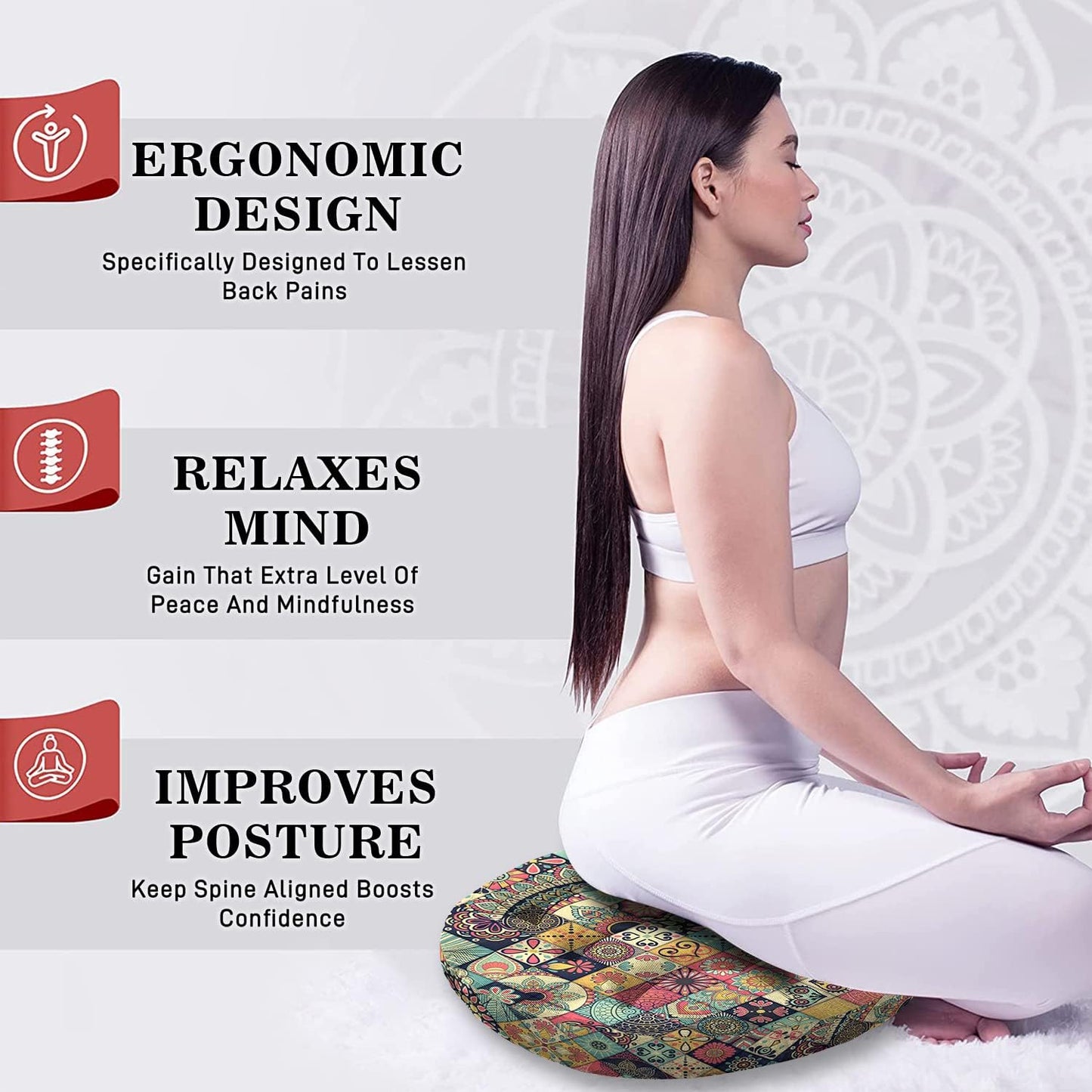 Mandala Meditation Cushion, Boho Meditation Mat, Meditation Pillows for Sitting on Floor, Cushions for Sitting in Home and Outdoor, Square Floor Pillow Cushion Seating for Yoga Accessories 22'' X 22''
