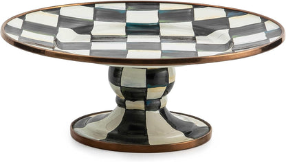 MACKENZIE-CHILDS Enamel Pedestal Serving Platter, Decorative Serving Dish for Food, Small, Black-and-White Courtly Check