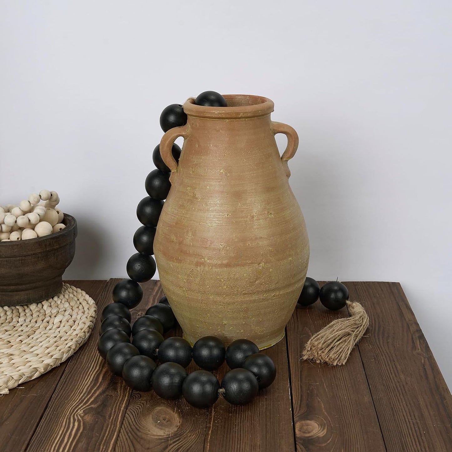OMISHE Extra Large Wood Bead Garland with 1.6" Diameter Wooden Beads and Tassels, 41" Long Rustic Farmhouse Country Decorative Beads for Home Tiered Tray Decor, Natural Beige