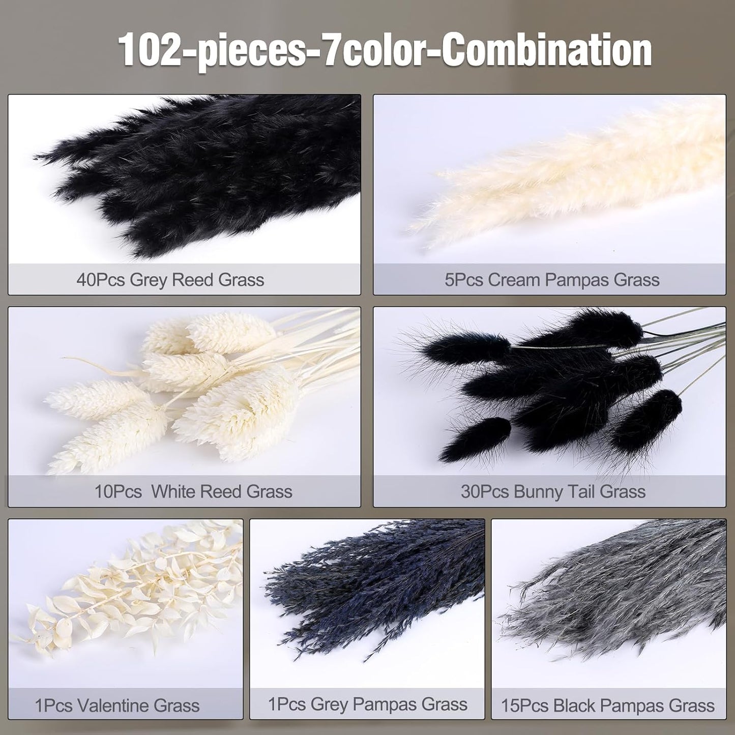 N&T NETING Dried Pampas Grass Decor- White Pampas Grass, Brown Pampas, Bunny Tail, Reed, Fluffy Dried Pompas Grass Flower for Home Wedding Table Vase Boho Modern Decor, 75Pcs