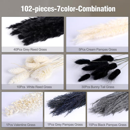 N&T NETING Dried Pampas Grass Decor- White Pampas Grass, Brown Pampas, Bunny Tail, Reed, Fluffy Dried Pompas Grass Flower for Home Wedding Table Vase Boho Modern Decor, 75Pcs