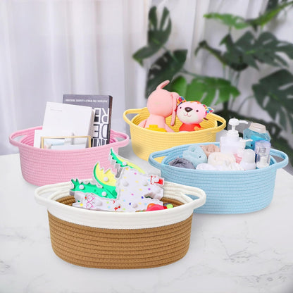 ABenkle Small Basket with Handles, Boho Decorative Rope Woven Dog Cat Toy Storage Bin Shelf Storage Organizer, Easter Christmas Gift Basket, 12"x8"x5", White