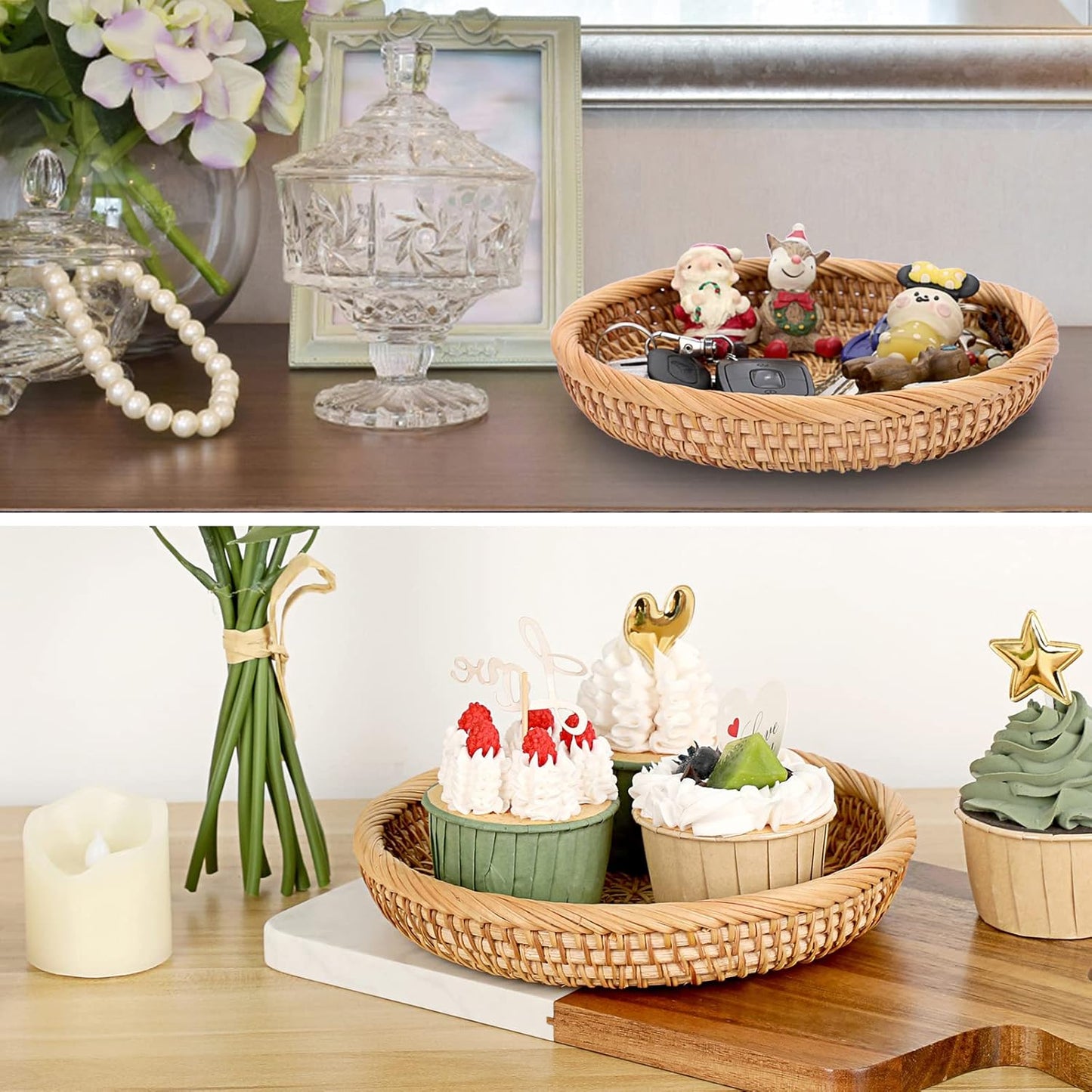 Hipiwe Small Key Basket Bowl for Entryway 7.6" Round Woven Wicker Basket Fruit Serving Tray Woven Basket Wall Decor Rattan Organizer Basket for Keys, Wallet,Whitewash