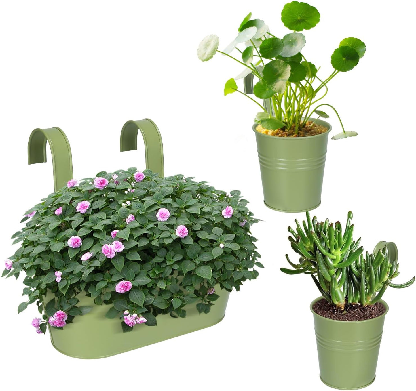 HowRU Metal Iron Flower Pots for Railing Fence Hanging Bucket Pots(5 Pcs) and Hanging Flower Pots Metal Iron Bucket Planter(10 Pcs) (Black)