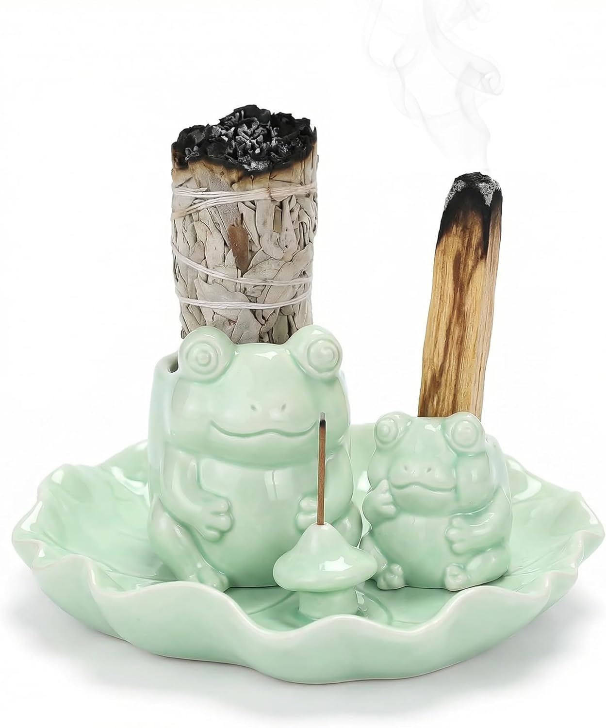 ChangWanna Frog Incense Stick Holder - Ceramic Insence Burner Ash Catcher, Insense Stand with 45 Sandalwood Sticks, Ornament for Aromatherapy/Yoga/Meditation/Home Living Room Office Decor