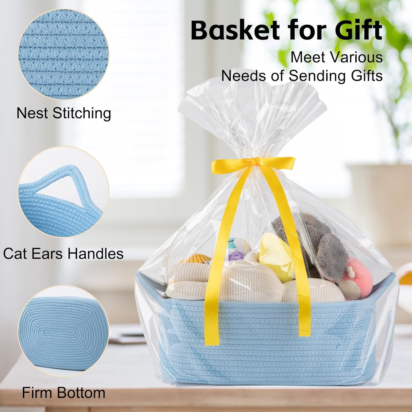 OIAHOMY Woven Basket, Gift Basket Empty with Gift Bags and Ribbons, Rope Baskets for Baby Showers, Storage Baskets with Handles for Nursery, Pet Toy Organizer - White