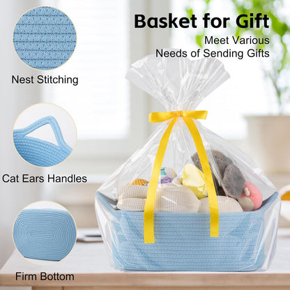 OIAHOMY Woven Basket, Gift Basket Empty with Gift Bags and Ribbons, Rope Baskets for Baby Showers, Storage Baskets with Handles for Nursery, Pet Toy Organizer - White