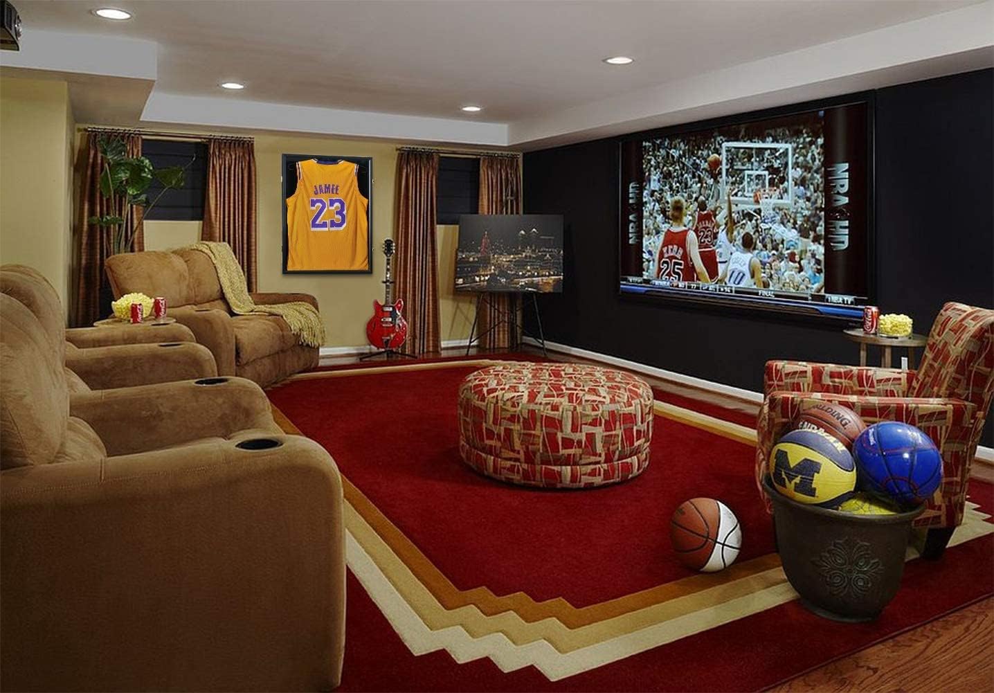 Large Lockable Jersey Frame Display Case Wall Mount, T-Shirt Shadow Box with Clear UV-Protective Acrylic, Hangers Linen Backing for Football, Basketball, Baseball