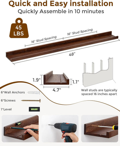 Axeman Oak Picture Ledge Shelf, 48 Inch Floating Shelves Set of 2, Solid Oak Wood Wall Shelves with Lip, Wall Decor Storage for Bedroom Living Room Bathroom Kitchen Nursery Photo Picture, Natural Oak