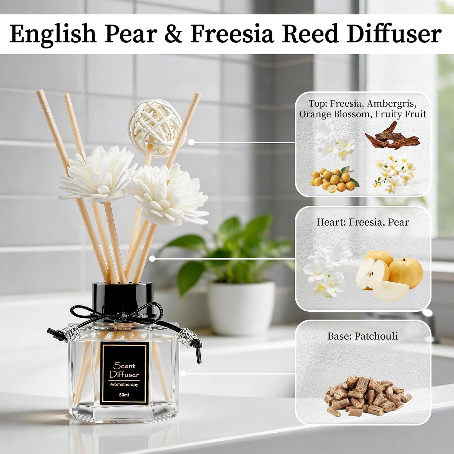 TonJin 2PCS Jasmine Reed Diffuser Set 1.7 fl oz with 6 Scent Sticks, Exotic Floral Home Fragrance, Natural Scented Oil Sticks for Bathroom, Living Room & Bedroom | Non-Toxic Air Freshener