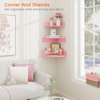 Homode Corner Shelf Wall Mount, Set of 3 Floating Corner Shelves with Cord Hole, 3 Tier Wood Wall Display Shelf, Storage for Bathroom Living Room Kitchen Bedroom, Rustic Brown and Black
