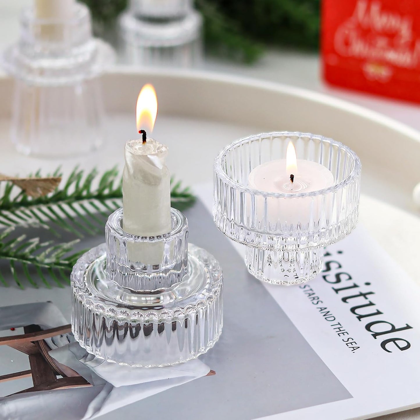 Brown Candlestick Holders 12PCS Ribbed Glass Taper Candle Holders Set for Tealight Candlestick Candles, Table Centerpieces for Thanksgiving Christmas Farmhouse Decor Indoor and Outdoor