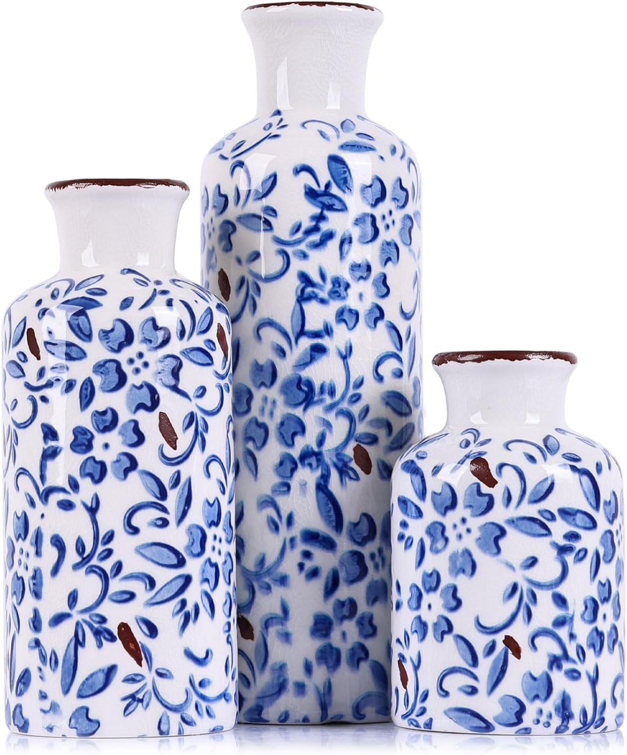 Blue Ceramic Vase Set - 3 Blue Small Vases, Farmhouse Country Flower Vase Home Decor, Living Room Decoration, Table Decoration, Fireplace Decor, and Entrance Decorations Centerpieces