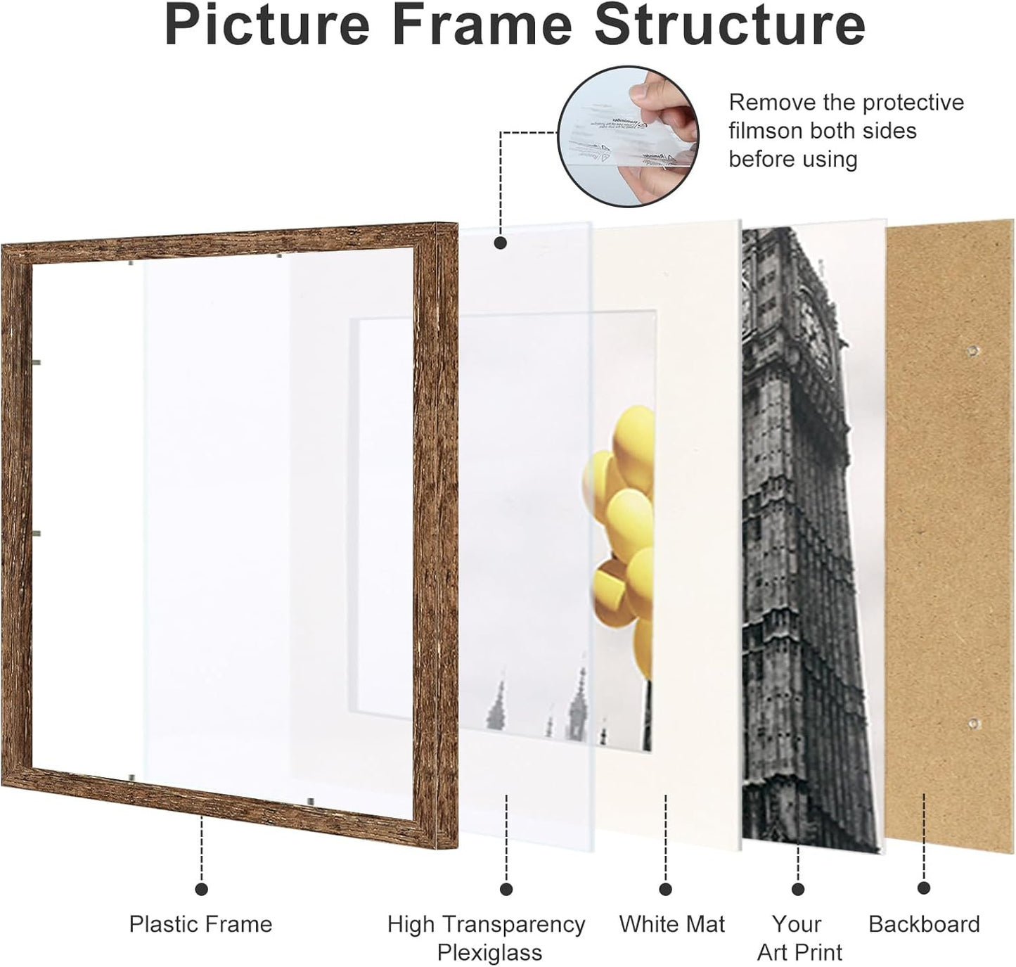 12x12 Picture Frame Set of 9, Display Pictures 8x8 with Mat or 12x12 without Mat, Multi Collage Gallery Square Photo Frames for Wall or Tabletop, Black