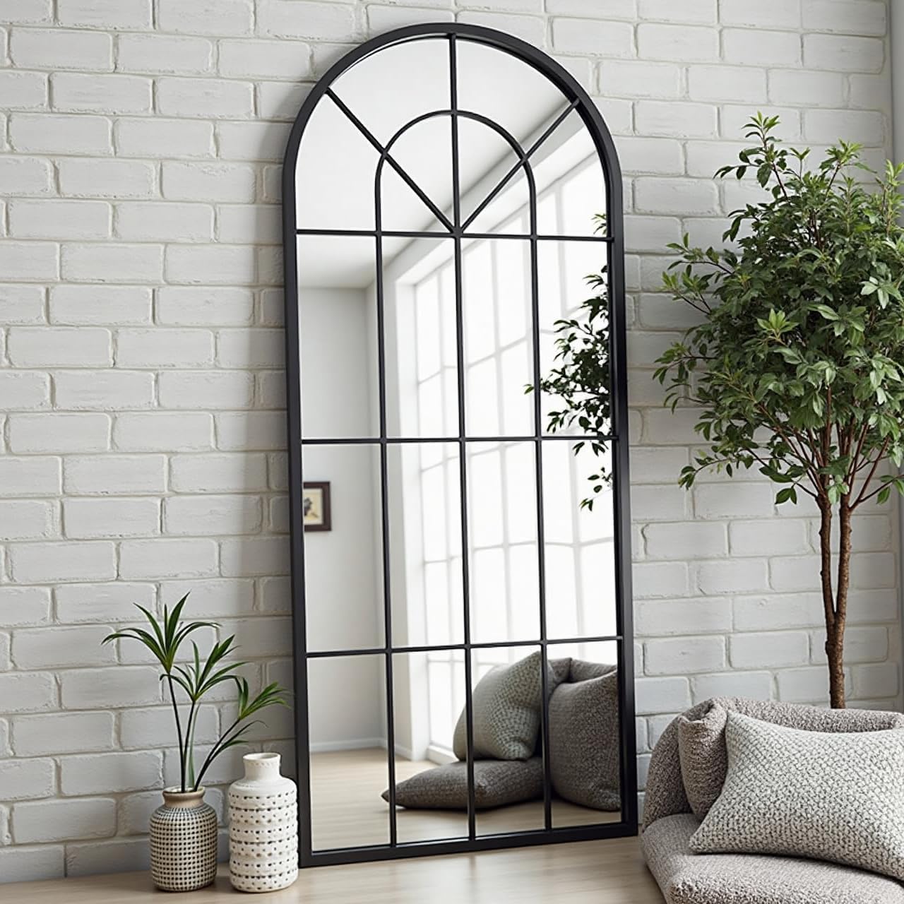 Dewfig 65"x 22" Arched Window pane Full Length Mirror, Wall Mirror, Floor Standing Mirrors, Farmhouse Long Full Body Mirrors Wall Mounted for Living Room, Bedroom, Entryway, Fireplace, Black
