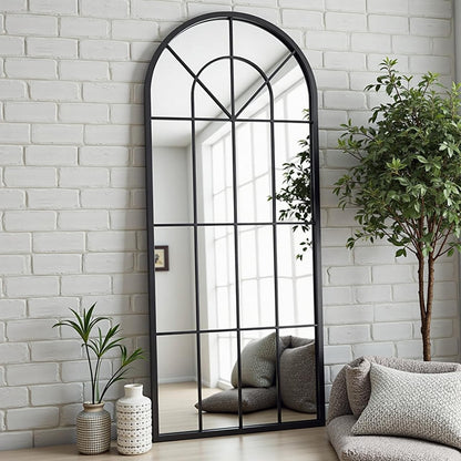 Dewfig 65"x 22" Arched Window pane Full Length Mirror, Wall Mirror, Floor Standing Mirrors, Farmhouse Long Full Body Mirrors Wall Mounted for Living Room, Bedroom, Entryway, Fireplace, Black