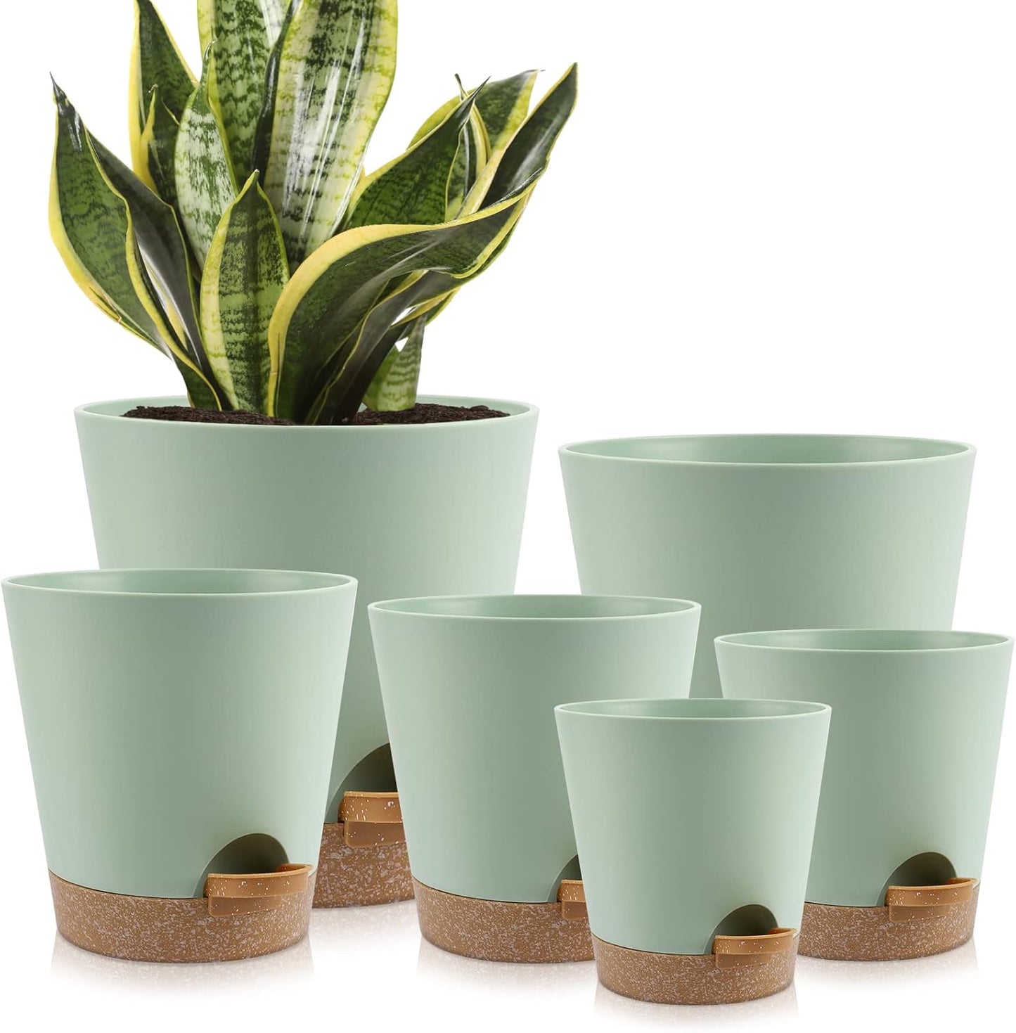 YNNICO Indoor Self Watering Planters with Drainage Holes and Saucers, 8, 7, 6.5, 6, 5.5, 5 Inches, Black, 6 Pots
