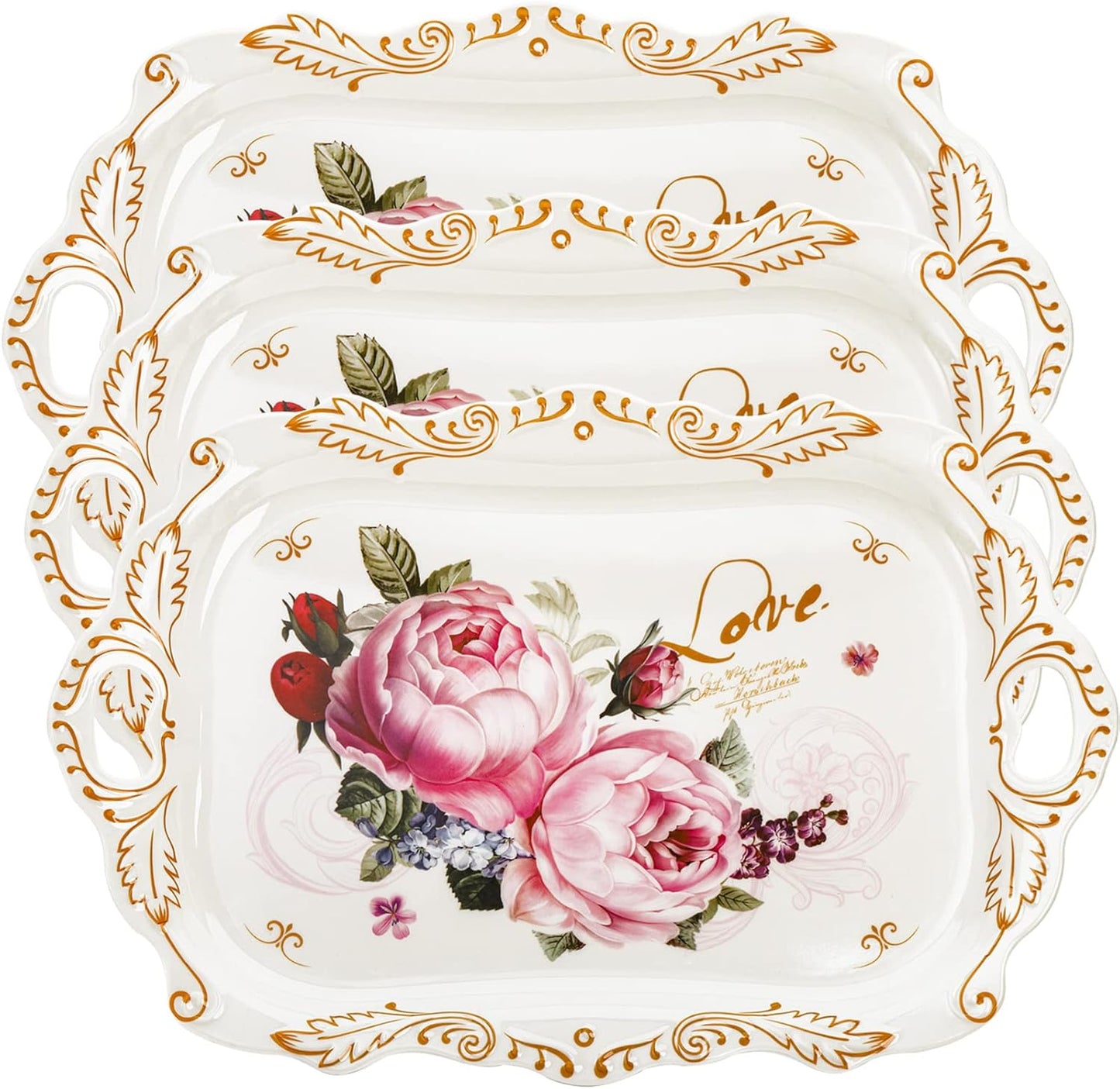 DEAYOU 3-Pack Melamine Serving Tray, Stackable Food Tray with Handles for Eating, Unbreakable Large Serving Platter with Floral Print for Gift, Party, Decor, Home, Restaurant, 16"L x 11"W, Rectangle