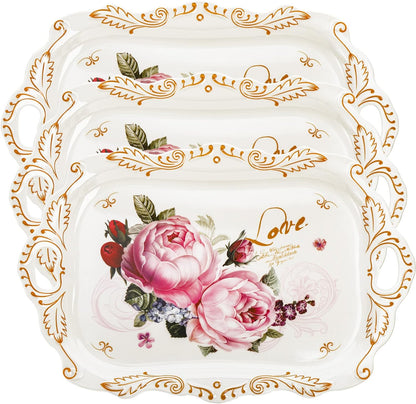 DEAYOU 3-Pack Melamine Serving Tray, Stackable Food Tray with Handles for Eating, Unbreakable Large Serving Platter with Floral Print for Gift, Party, Decor, Home, Restaurant, 16"L x 11"W, Rectangle