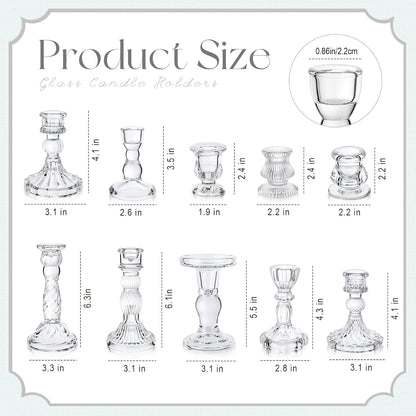 Mumufy 10 Pcs Glass Crystal Taper Candle Holders Clear Glass Candlestick Holder Fit 0.8 Inch Candles Crystal Decorative Candle Stand Centerpiece Table Wedding Dining Party (Classic,Clear)