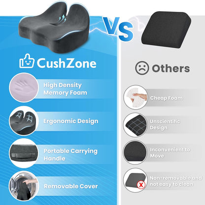 CushZone Seat Cushion, Ergonomic Memory Foam Seat Cushions for Office Chairs, Car, Long Trip, Desk Chair, Lab, Extra Large Size for Sciatica & Hip & Tailbone Pain Relief, Sciatica Support (Black)