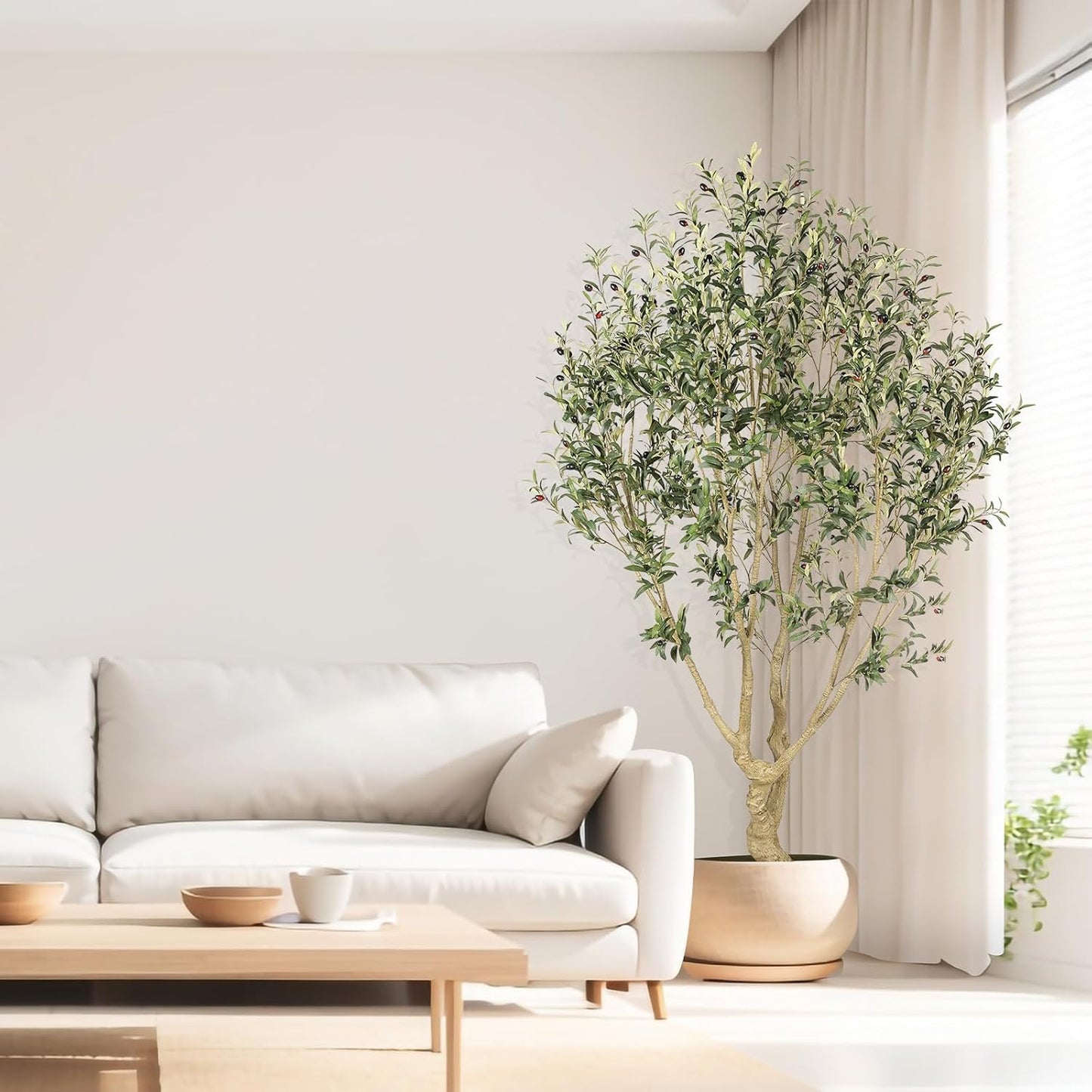 Realead Artificial Olive Tree 8ft - Large Faux Olive Tree with Realistic Leaves and Olives - Full and Grand Design Fake Olive Tree with Sturdy Base for Indoor Outdoor Office Decor
