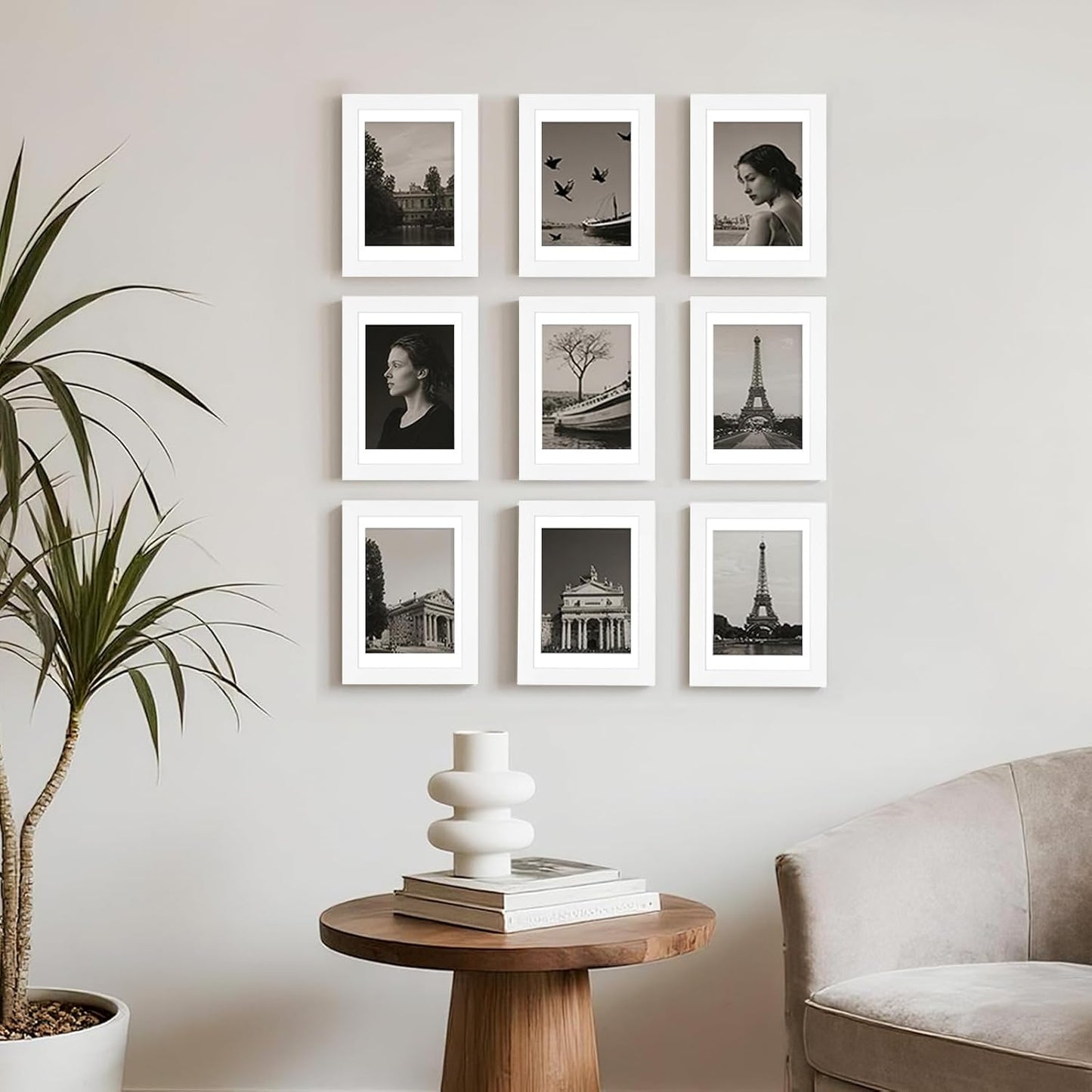 12x12 Picture Frame Set of 9, Display Pictures 8x8 with Mat or 12x12 without Mat, Multi Collage Gallery Square Photo Frames for Wall or Tabletop, Black