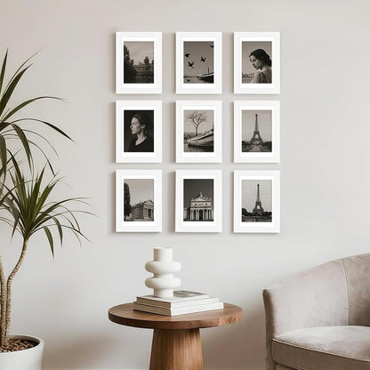 12x12 Picture Frame Set of 9, Display Pictures 8x8 with Mat or 12x12 without Mat, Multi Collage Gallery Square Photo Frames for Wall or Tabletop, Black