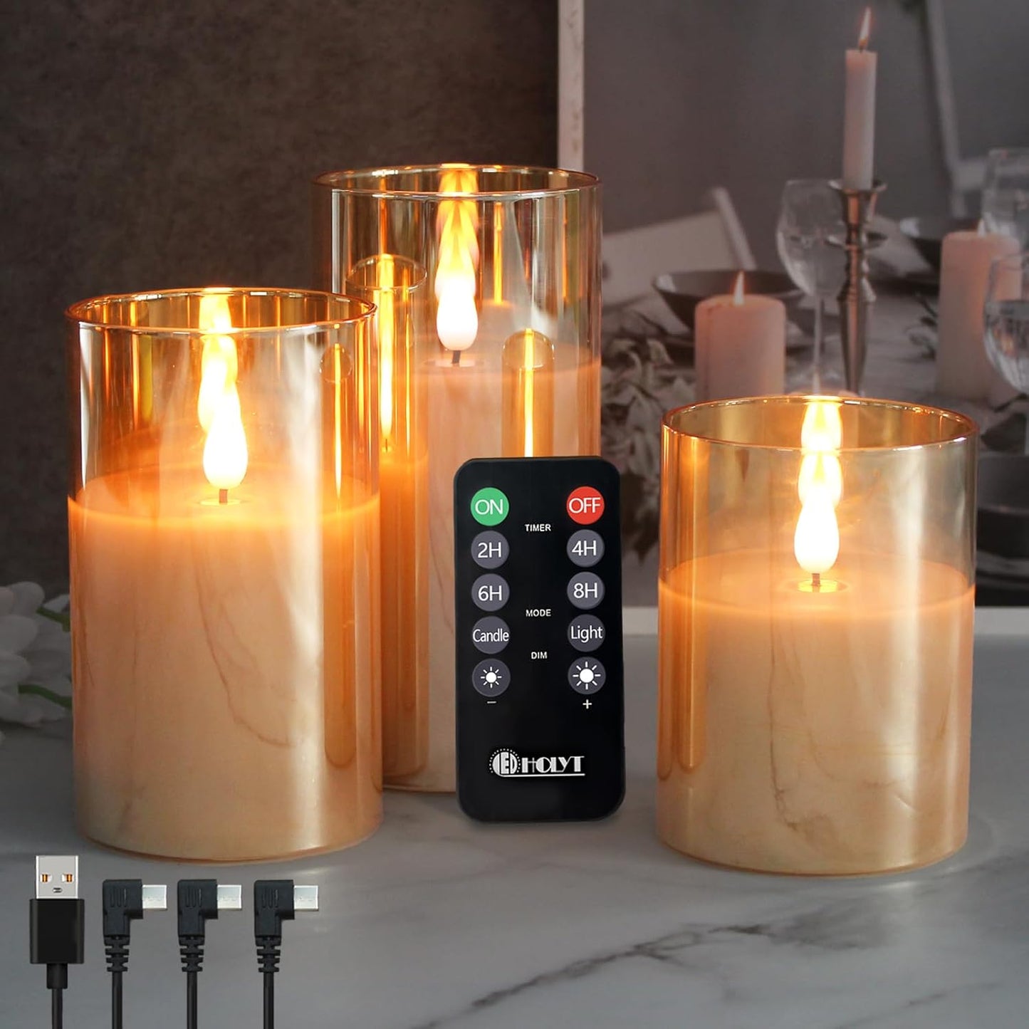 Rechargeable Flameless Glass Pillar Candles–Gifts for Women,–Set of 3, Realistic Flickering LED Light,Remote & Timer, Ideal for Living Room, Bedroom & Festival Wedding Home Party Decor